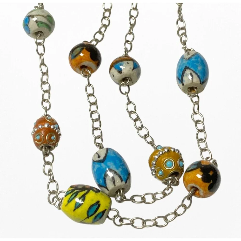 VTG Necklace Ceramic Resin Bead Station Painted Floral Art Long Boho Festival